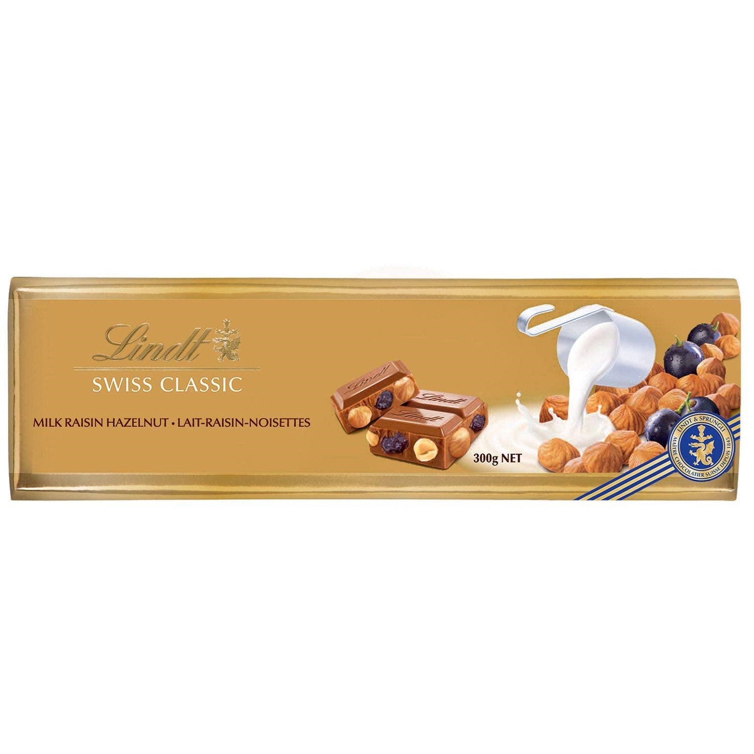 Chocolat au lait Lindt Swiss Gold Raisins secs et noisettes 300 g