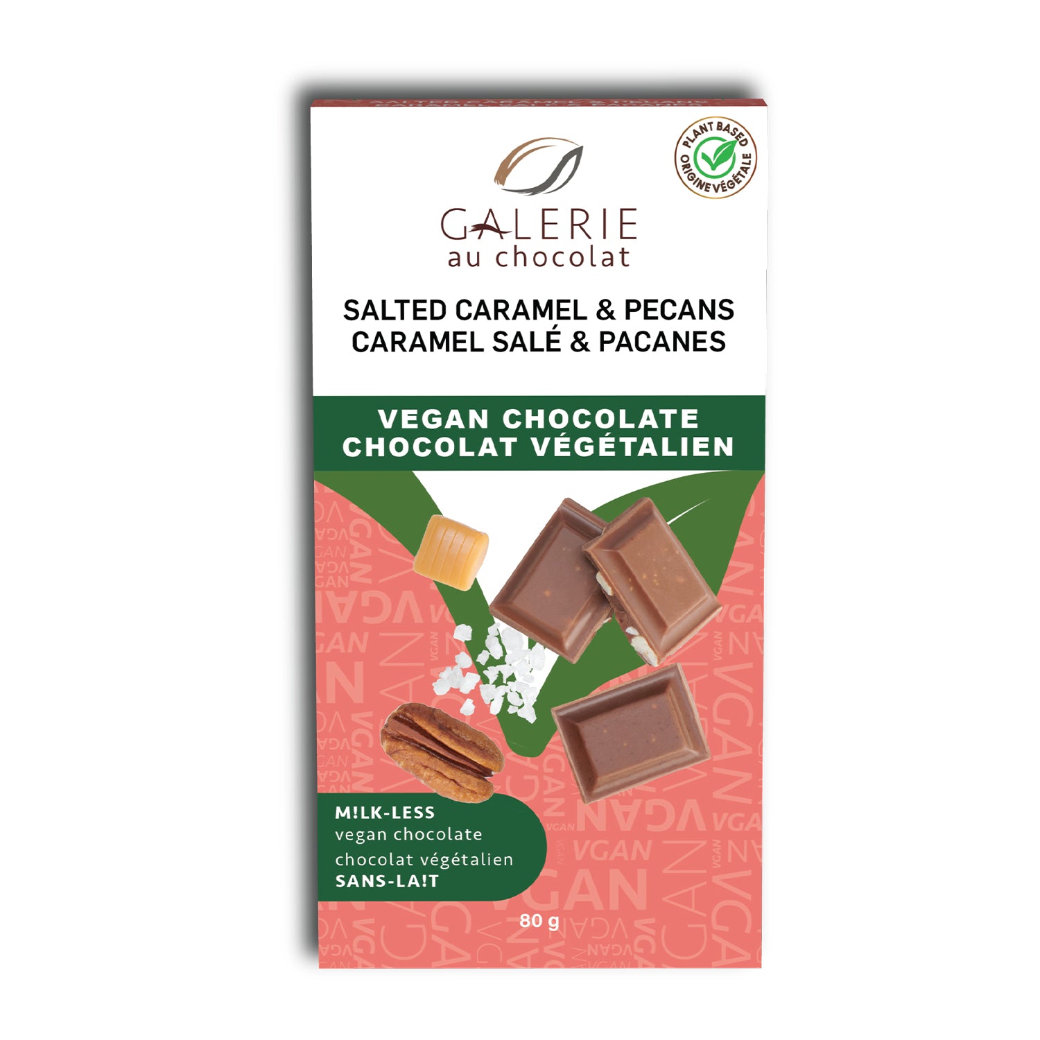 Galerie au Chocolat Barre de chocolat végétalienne Caramel salé et noix de pécan 80 g